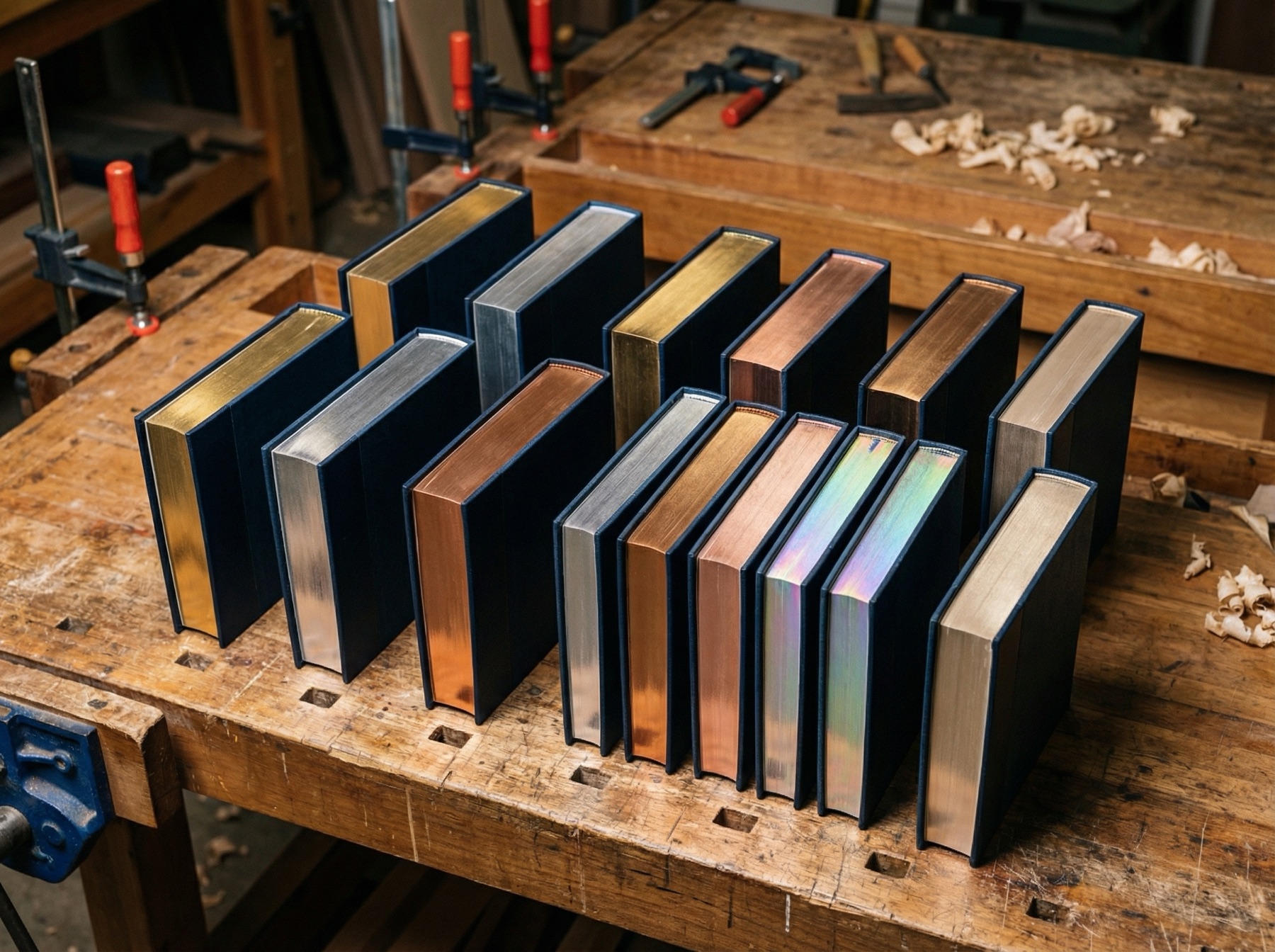 Finished edge samples arranged on a workbench.