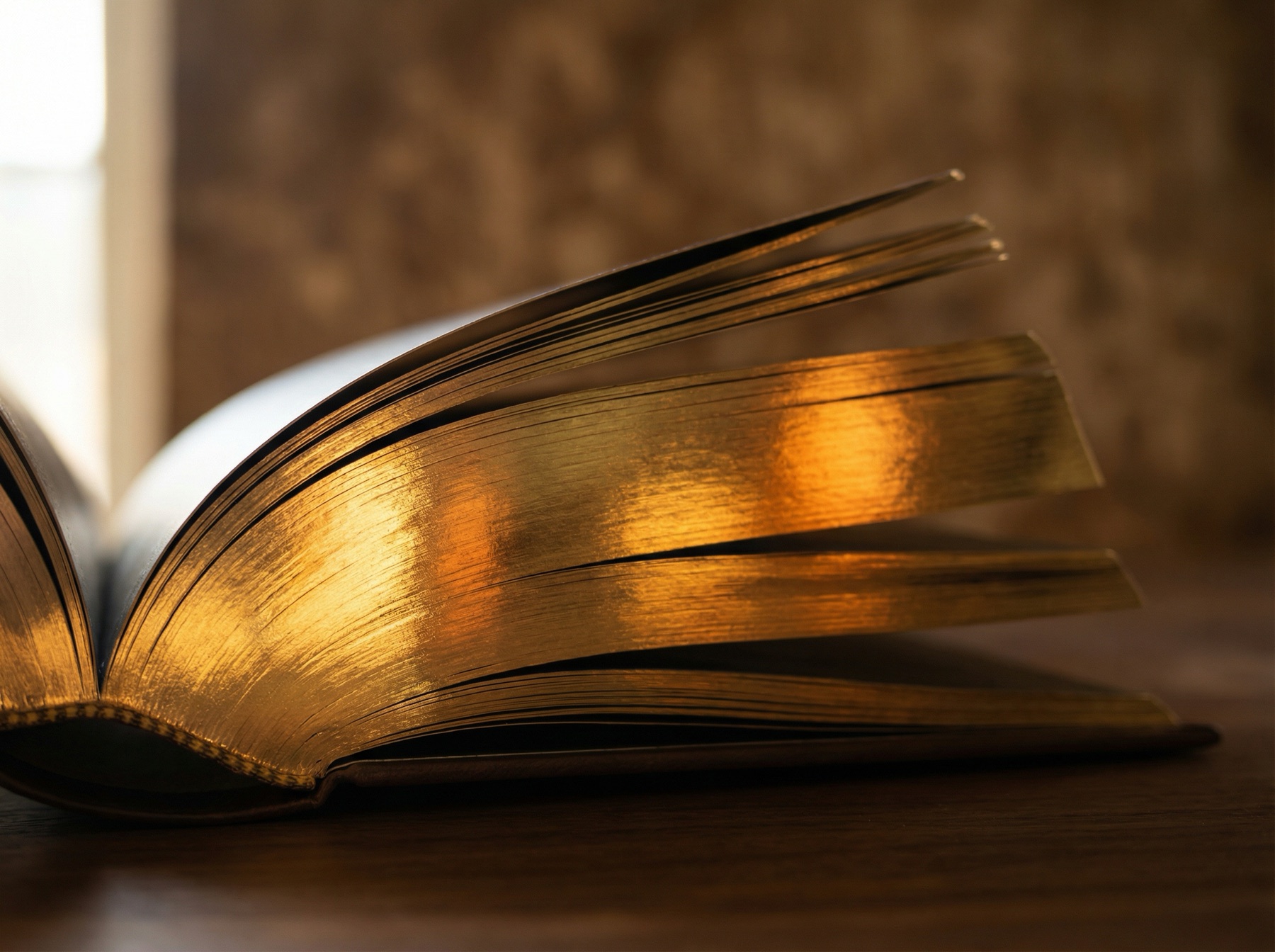 Open book with gold foil edges catching warm light.