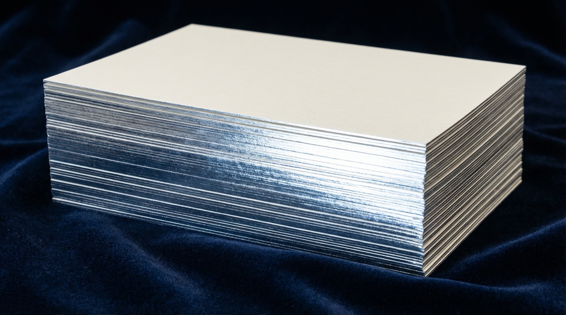 Stack of premium cards with silver-finished edges on dark fabric.