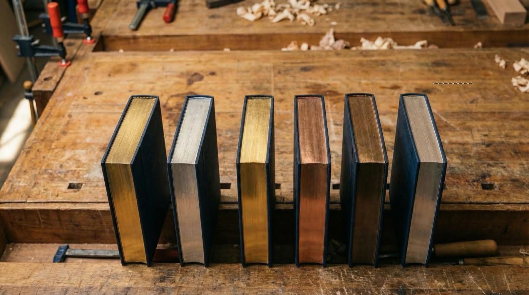 Upright finished books displaying gold, silver, copper, and champagne edges.