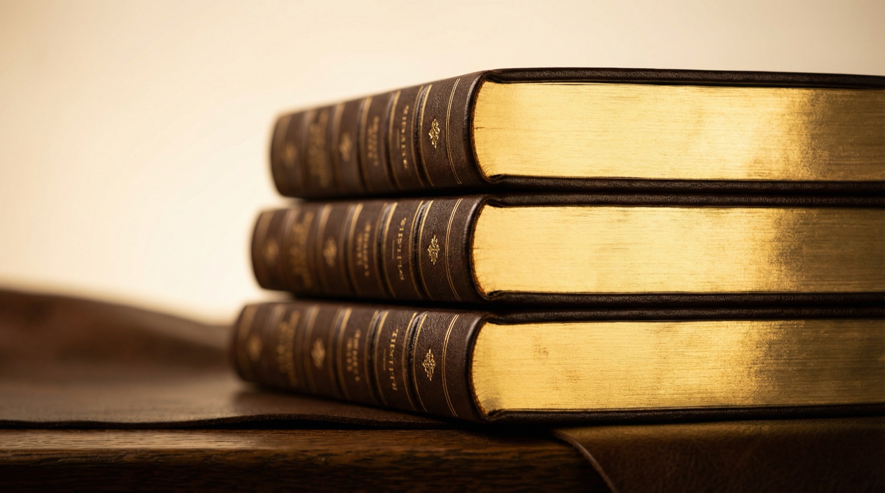 Gold-edged volumes stacked in warm editorial light.