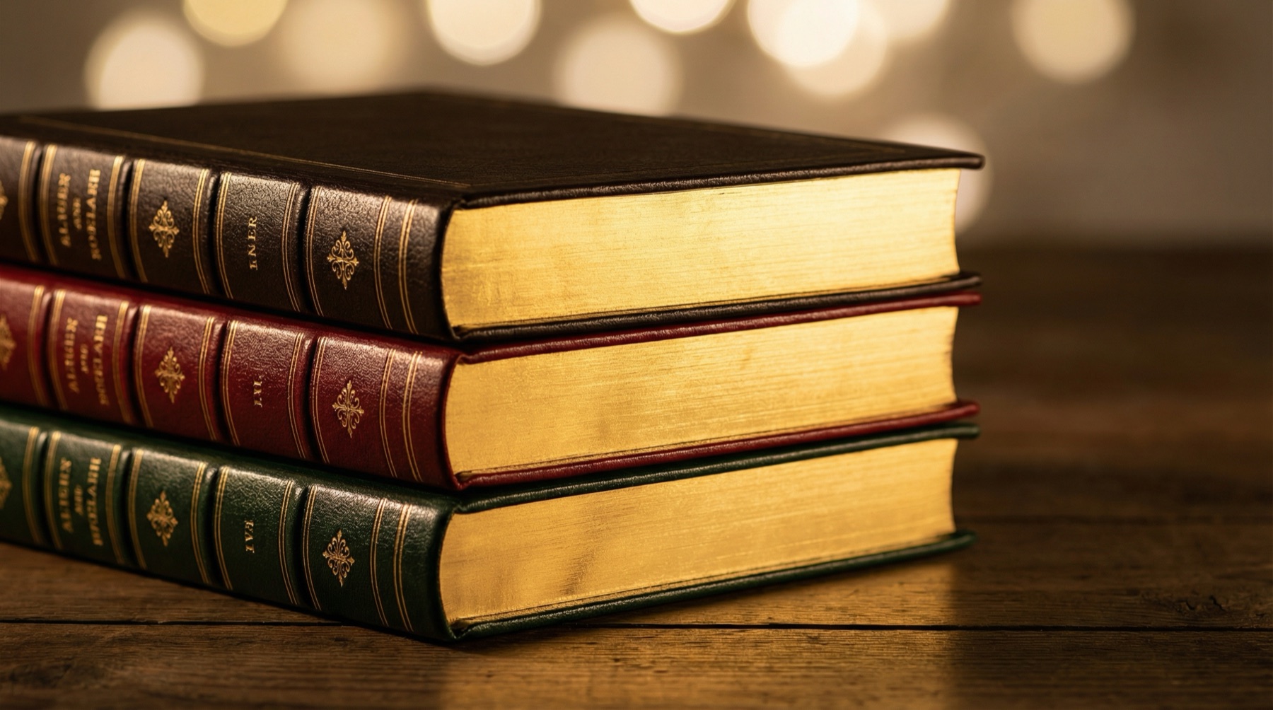 Stacked books with warm gold edges and classic covers.