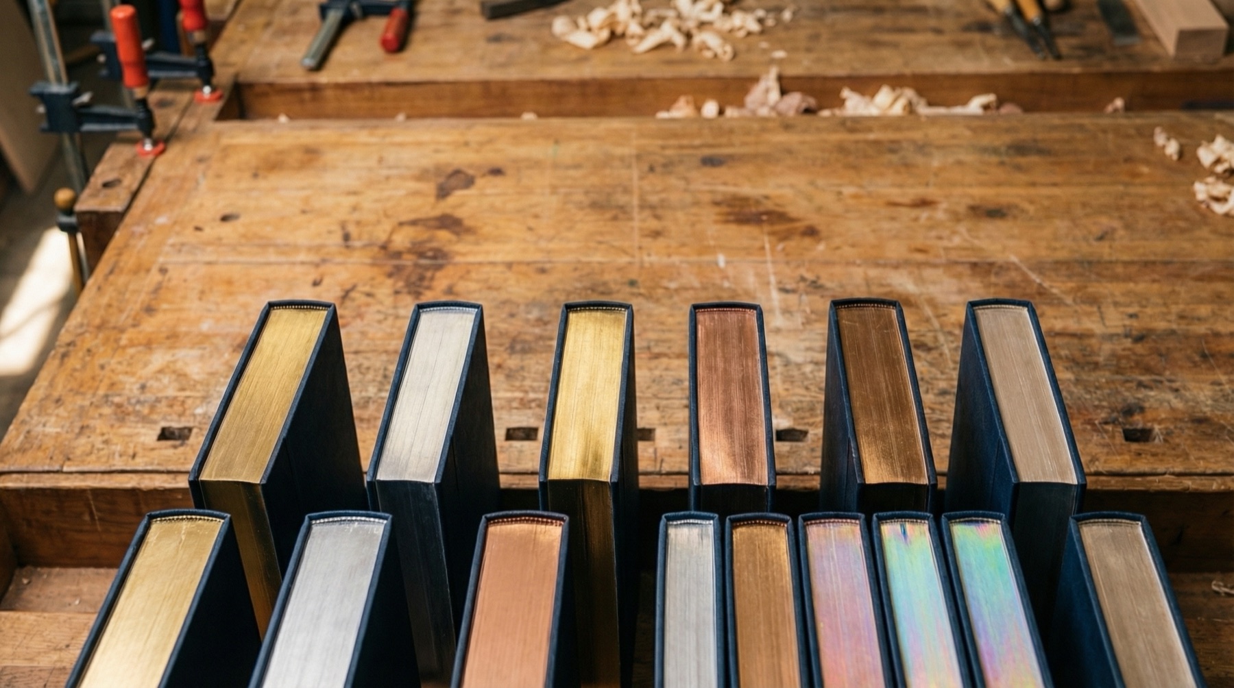 A row of finished books showing multiple metallic edge colors.
