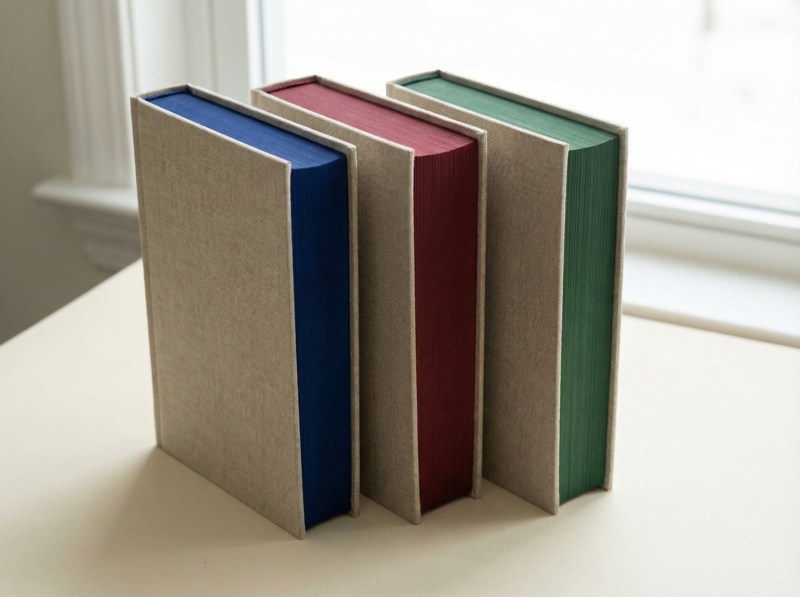 Clothbound books with blue, burgundy, and green ink-finished edges.