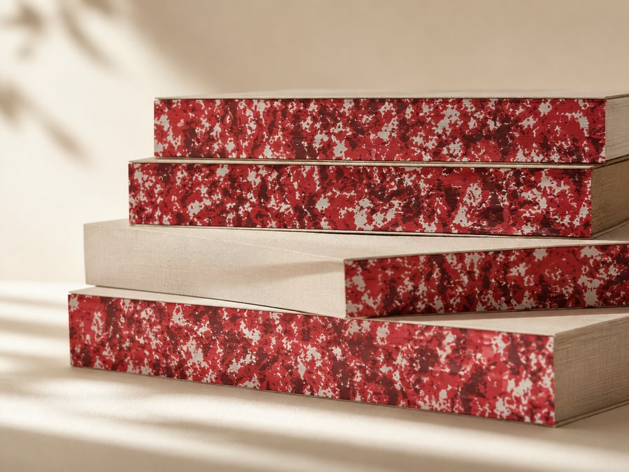 Red and white decorative edge-printed book blocks.
