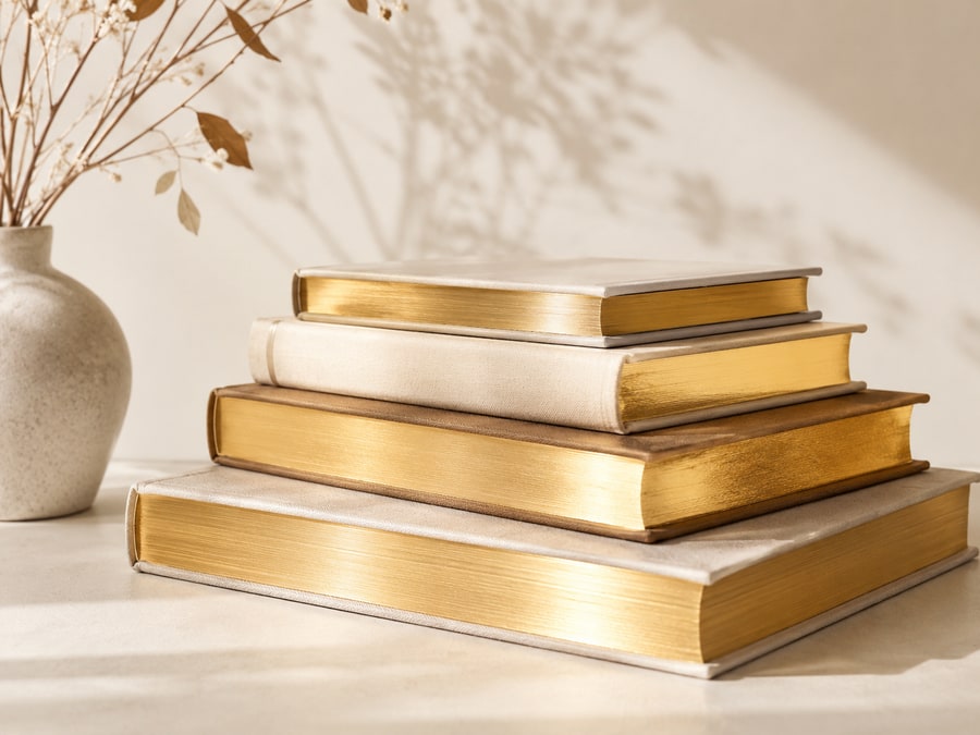 Gold foil edge gilding on stacked hardcover volumes.