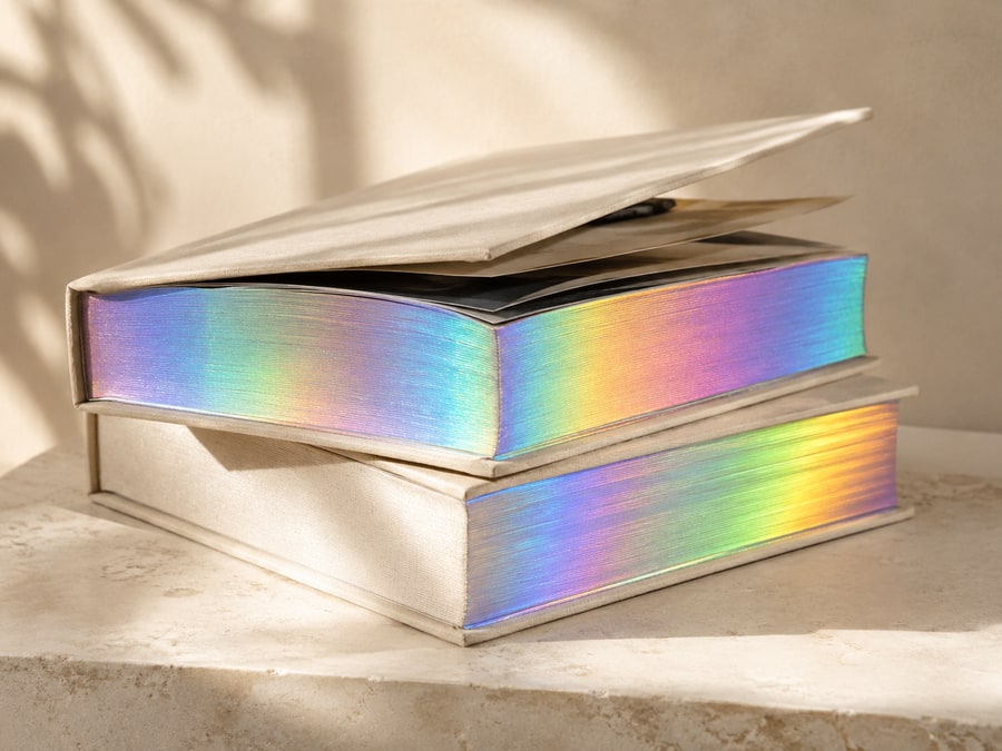 Holographic foil edge finishing on cream hardcover books.